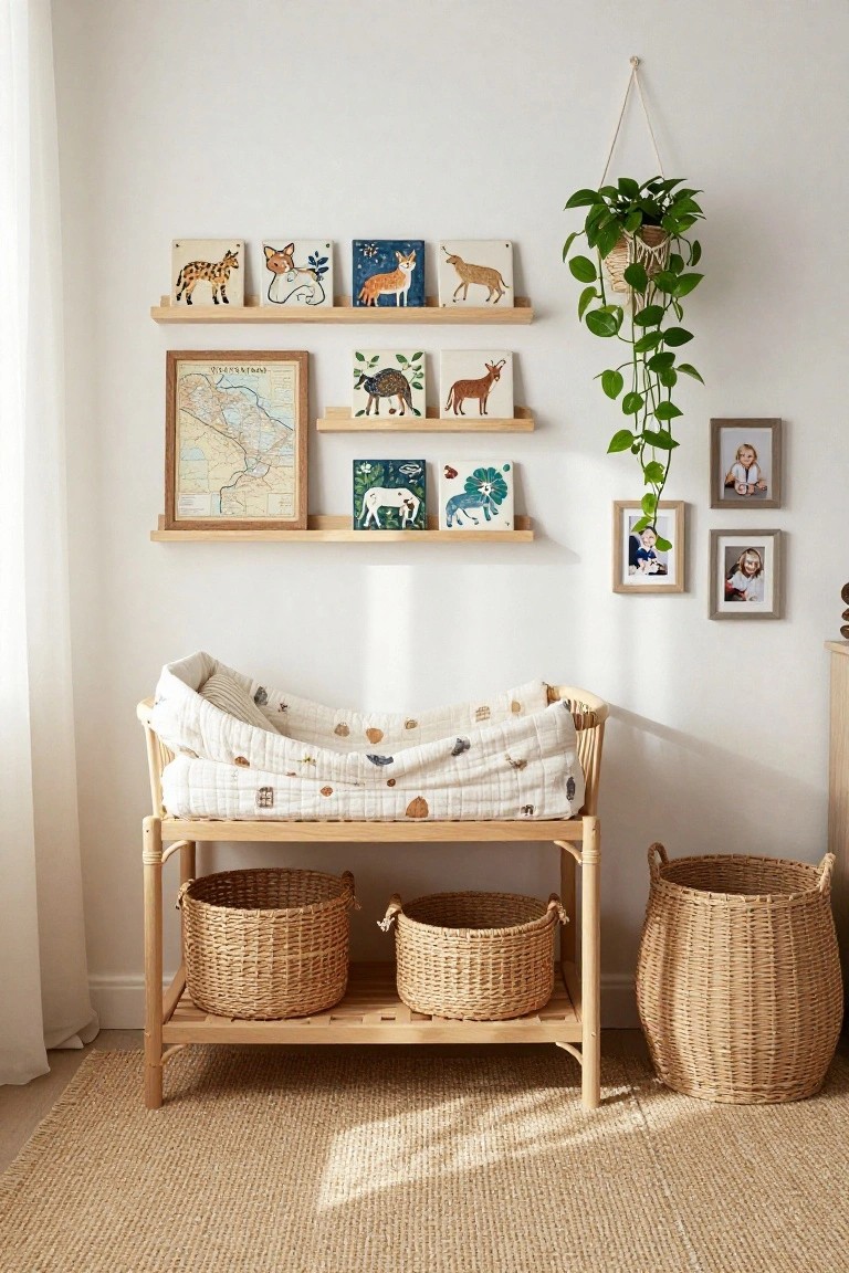 A rattan wood changing table with a white quilted pad and two woven seagrass baskets underneath, flanked by wooden shelves displaying colorful animal-themed tiles, a hanging potted plant, framed photos, and a world map on a white wall in a nursery.