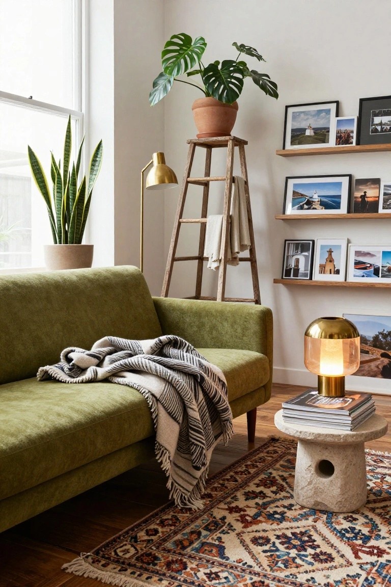A cozy living room corner with a curved green sofa draped in a black-and-white striped throw, a bulbous stone side table holding stacked books and a lit brass lamp with orange glass shade, tall potted monstera and snake plants, a wooden A-frame ladder with draped white linen and plant on top, floating oak shelves with various framed photos, and a multicolored Persian-style rug on wood floors.