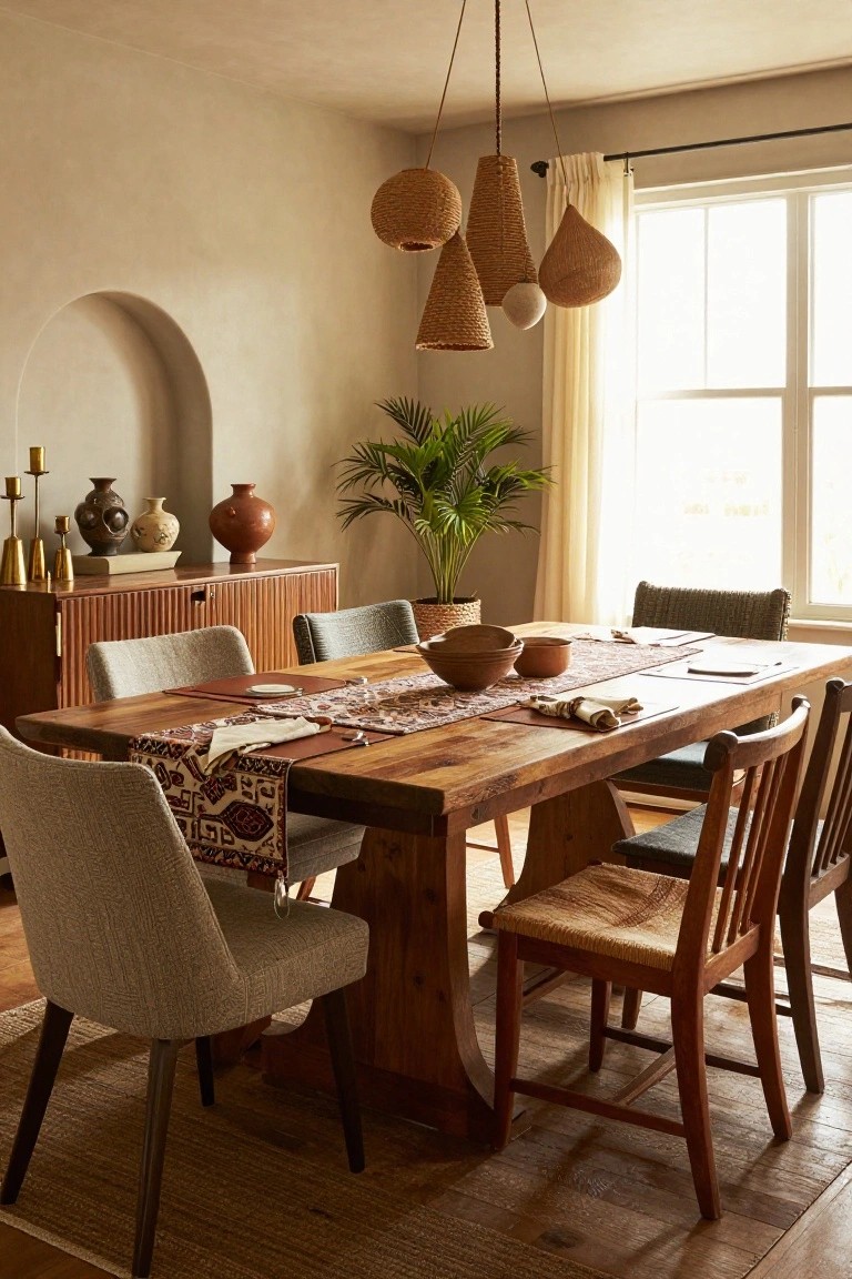 Dining room with a large wooden trestle table surrounded by mixed upholstered and rattan chairs, three woven pendant lights hanging above, a sideboard displaying pottery, an arched niche, potted palm, and window with sheer curtains.
