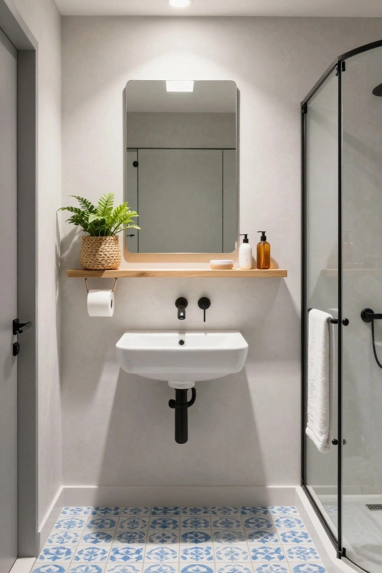 Compact bathroom featuring a white wall-mounted sink, black-framed glass shower enclosure, blue patterned mosaic floor tiles, wooden floating shelf with potted fern and bottles, toilet paper holder, and towel rail against light gray walls.