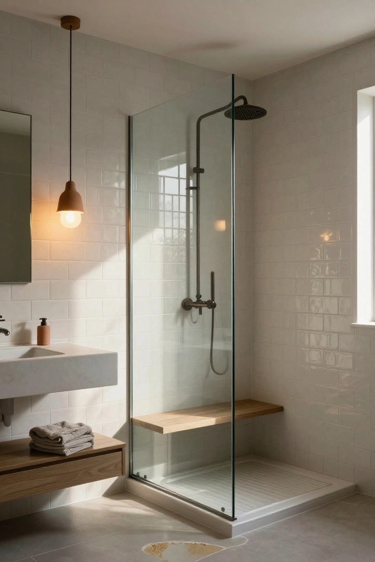 Small modern bathroom with white subway tile walls, glass walk-in shower containing black metal rainfall showerhead and wooden bench seat, floating wooden vanity with folded towels, wall-mounted faucet, soap dispenser, and hanging conical pendant light.
