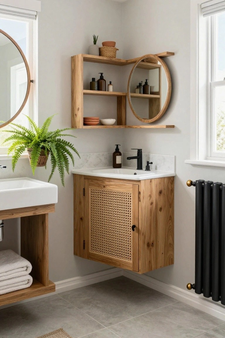 Small bathroom corner with white sink on wooden stand, floating wooden cabinet with rattan door, wall shelves holding bottles and plant, round wooden mirrors, fern plant, and black radiator.