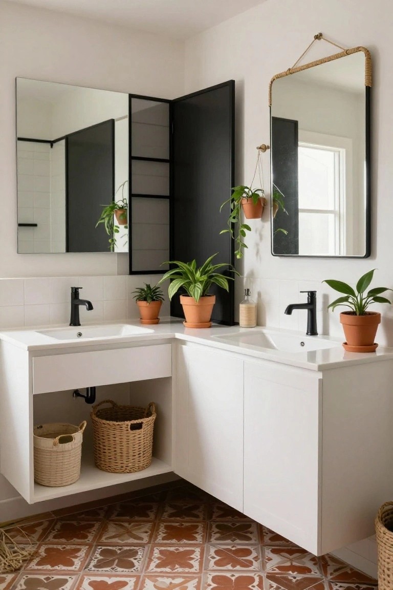 Corner white double sink bathroom vanity with black faucets, potted plants on counters, woven baskets stored underneath, black framed mirrors above, hanging plants, and terracotta tiled floor.