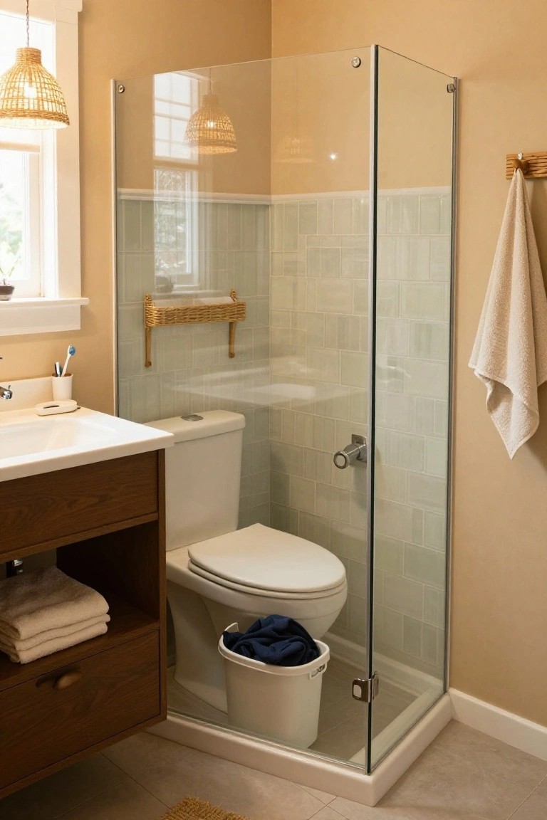 Small corner bathroom with clear glass shower enclosure next to white toilet, wooden vanity under sink, neutral beige walls, light green subway tiles, and towels on hooks.