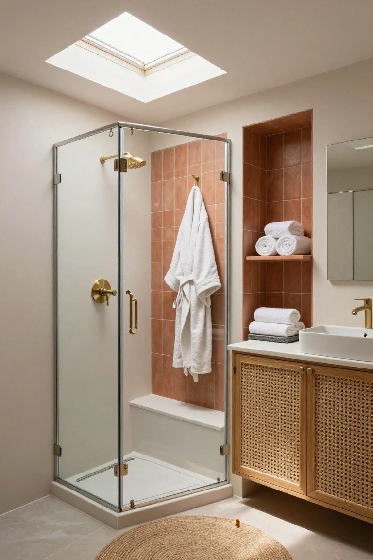Small corner bathroom with glass shower enclosure containing a built-in bench, gold showerhead and handles, terracotta tiled wall niche holding stacked white towels, white bathrobe on hook, rattan cabinet vanity with sink and mirror, skylight above, and seagrass rug on floor.