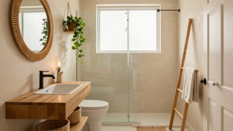 Compact bathroom with white toilet next to wooden floating shelf holding two stacked woven baskets, rattan round mirror above sink with black taps, glass shower enclosure, hanging plant, towel bar, and neutral walls with white hexagonal tile floor.