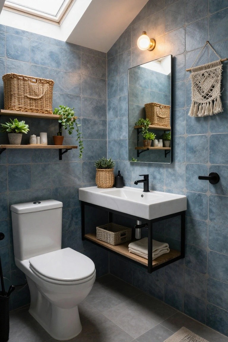 Small bathroom with blue textured tile walls, white toilet, wall-mounted white sink on black metal shelf vanity holding woven baskets and towels, potted plants on wooden shelves, macrame wall hanging, and skylight above.