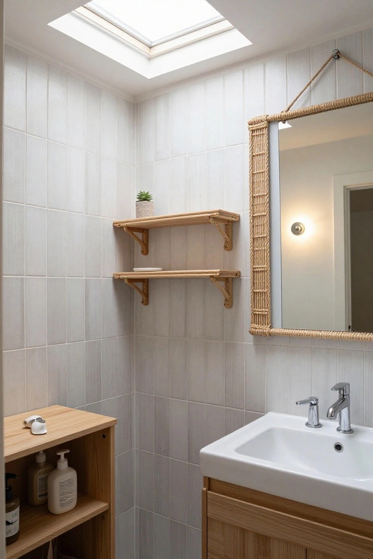 Small bathroom corner with white subway-style tiles, wooden floating shelves holding a potted succulent and soap dish, open wooden shelving unit stocked with bottles next to a white sink and oak vanity, large rattan rope mirror on the wall, and skylight overhead.