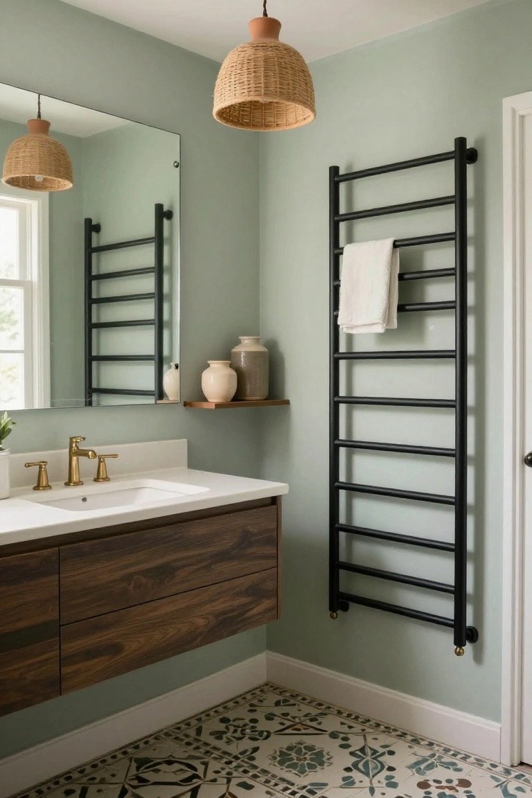 Compact bathroom with sage green walls, floating wood vanity with white sink and gold faucet, tall black ladder towel radiator holding a white towel, woven rattan pendant lights, ceramic vases on a shelf, and multicolored patterned tile floor.