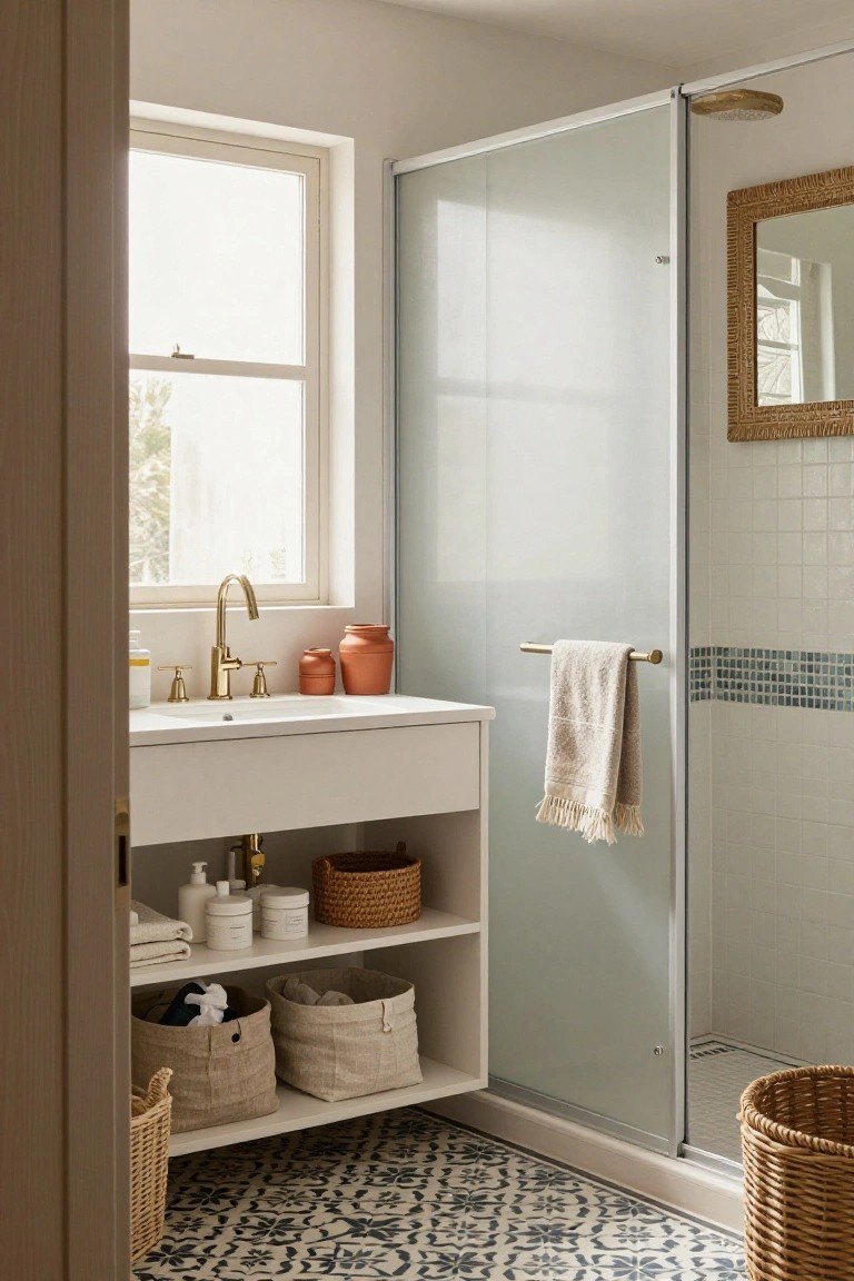 A compact bathroom with a white floating vanity and open lower shelves filled with woven and canvas baskets, gold faucet and handles, frosted glass shower door, rattan mirror, and blue-white patterned tile floor.