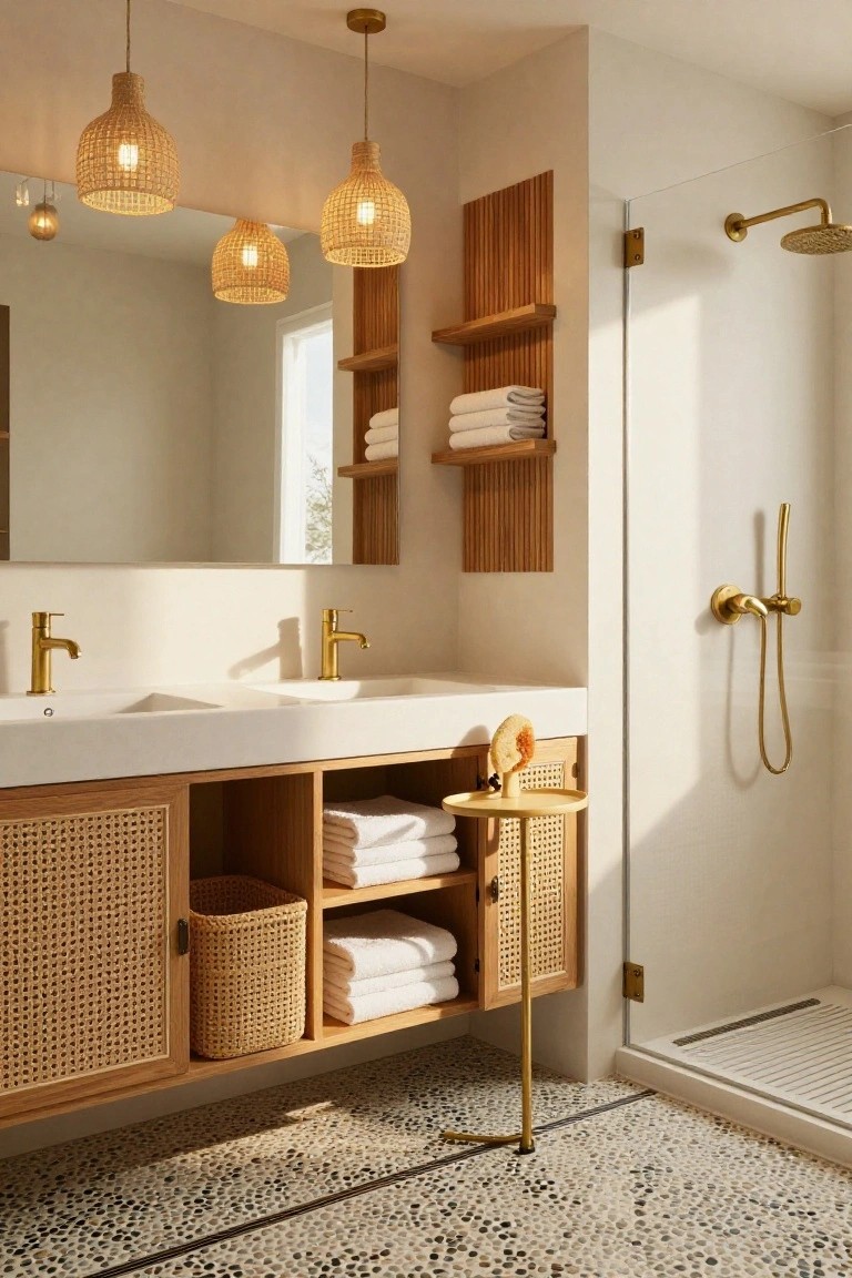 A boho-style bathroom with a floating white vanity featuring rattan doors, double white sinks with gold faucets, wood shelves holding towels and baskets, open wood towel racks on the wall, gold shower fixtures behind a glass door, and a pebble stone floor.
