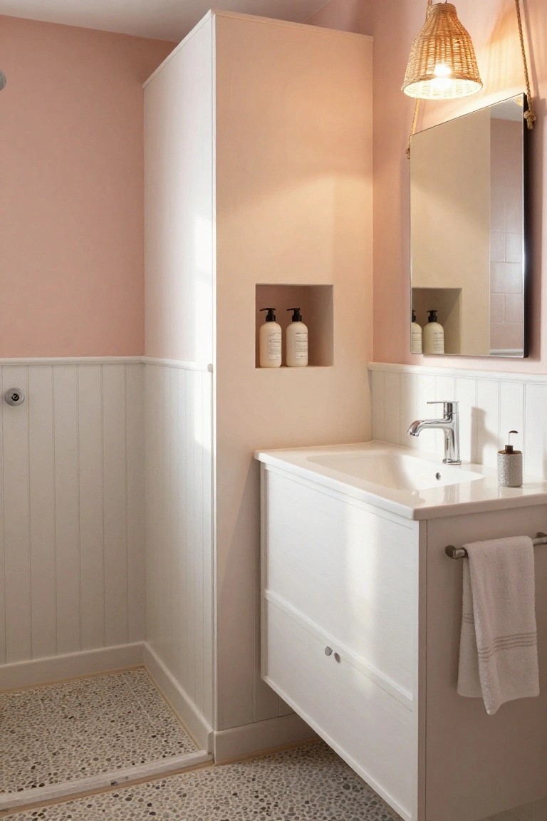Small bathroom with pink walls, white shiplap paneling, wall-mounted white vanity and sink, chrome faucet, recessed wall niche holding shampoo bottles, pebble tile shower floor, rattan pendant light, and hanging mirror.