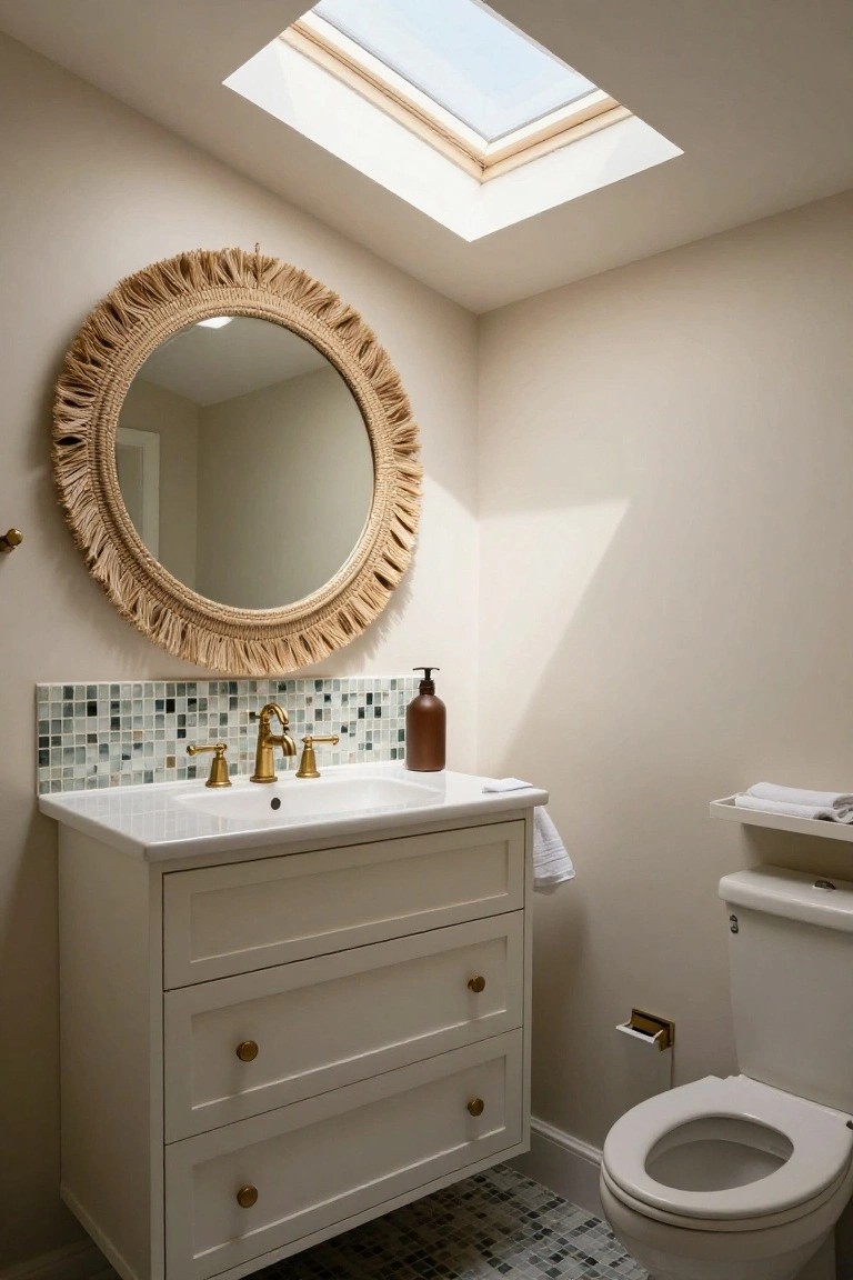 Small bathroom with skylight overhead, round rattan-fringed mirror on wall above white vanity with gold faucet and soap dispenser, green glass mosaic tile backsplash, white toilet, and gray mosaic tile floor.