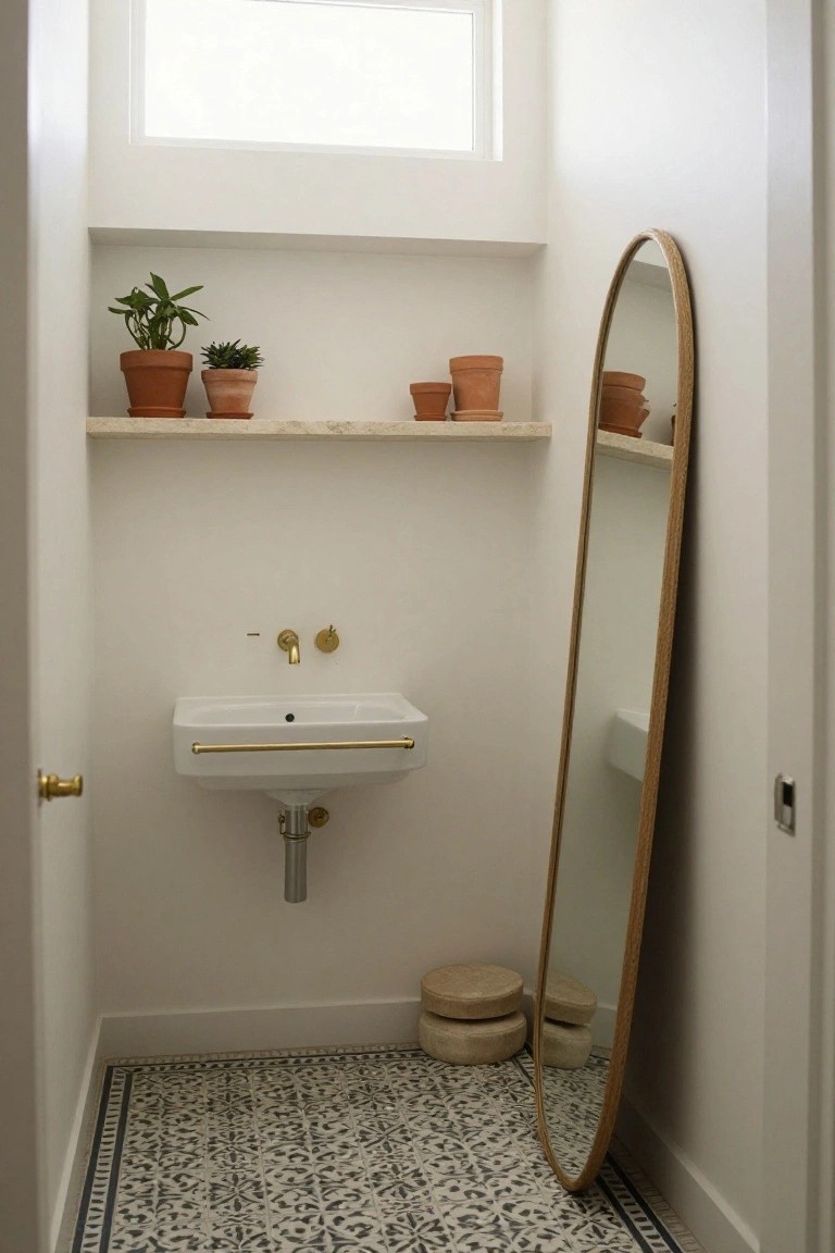 Narrow white powder room featuring wall-mounted sink with brass faucet, tall oval rattan mirror leaning on wall, terracotta pots with plants on floating shelf, two woven stools on blue and white patterned tile floor.