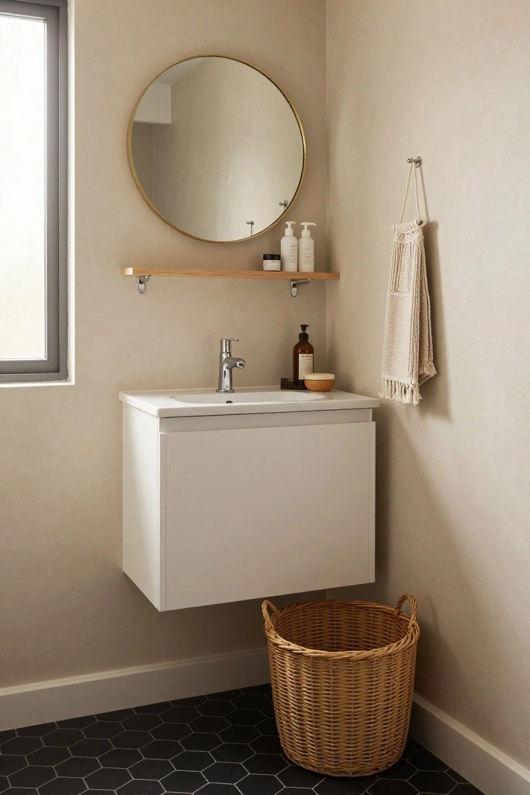 Corner of a small bathroom featuring a white wall-mounted vanity with chrome faucet, gold round mirror above, wood shelf with bottles, hanging macrame towel holder, and woven basket on black hexagon tile floor.