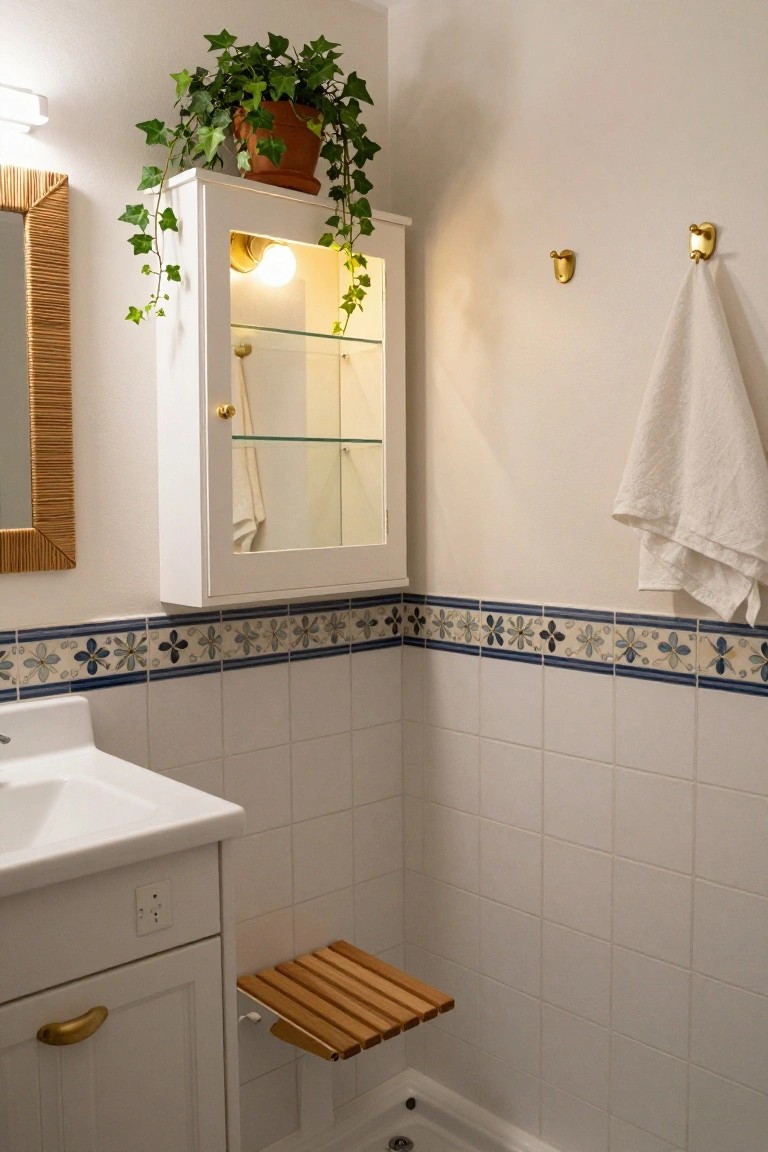Small white-tiled bathroom corner featuring a white sink vanity, wall-mounted wooden slatted shower bench, glass-door medicine cabinet topped with an ivy plant in a terracotta pot, blue floral border tiles, and a hanging towel.