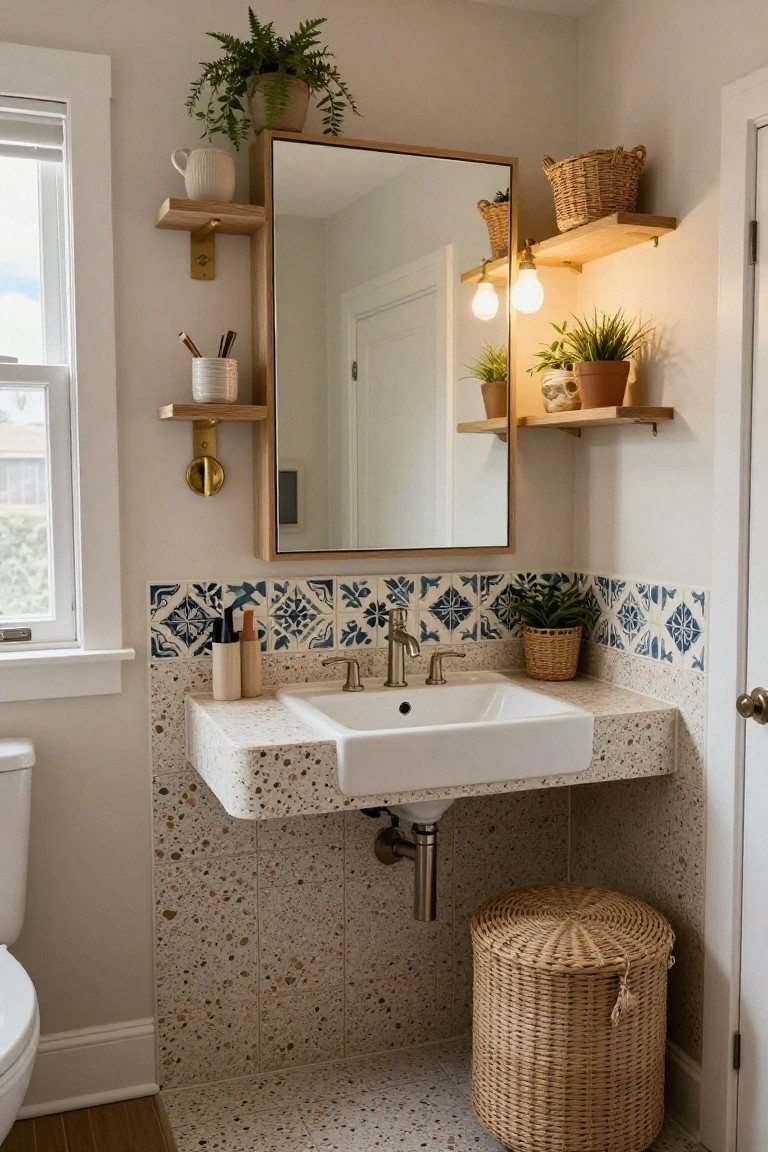 Small bathroom corner with white terrazzo sink and countertop, gold-framed round mirror, floating wooden shelves holding plants, white ceramics, and wicker baskets, blue patterned tiles on walls, potted greenery, and wicker hamper by toilet.