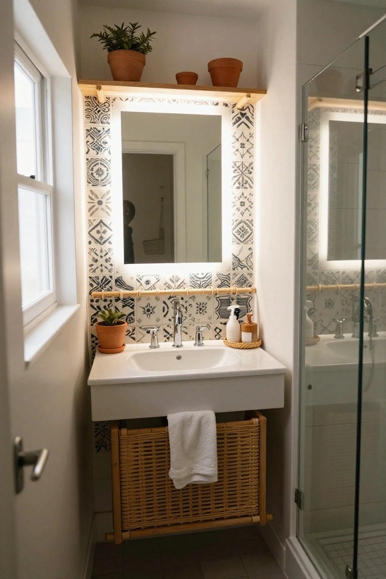 Small bathroom with white floating vanity and sink, woven rattan basket storage underneath holding a white towel, backlit mirror with black and white patterned tile surround, potted plants on wooden shelves, and clear glass shower enclosure.