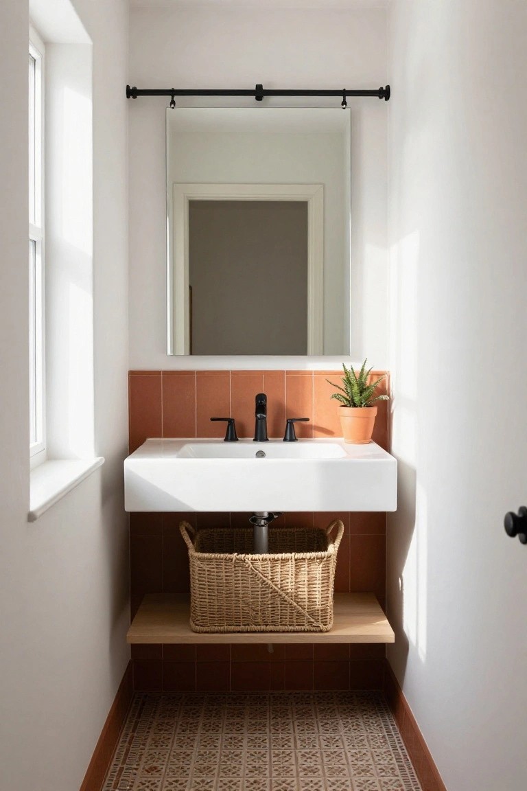 Small white-walled bathroom with window, large rectangular mirror on black bar, floating white sink with black faucet on terracotta tiled backsplash, orange potted plant nearby, woven basket on wood shelf under sink, and patterned terracotta floor tiles.