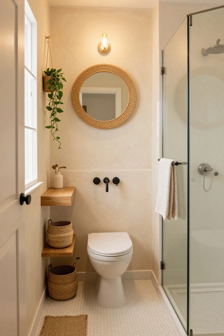 Compact bathroom with white toilet next to wooden floating shelf holding two stacked woven baskets, rattan round mirror above sink with black taps, glass shower enclosure, hanging plant, towel bar, and neutral walls with white hexagonal tile floor.