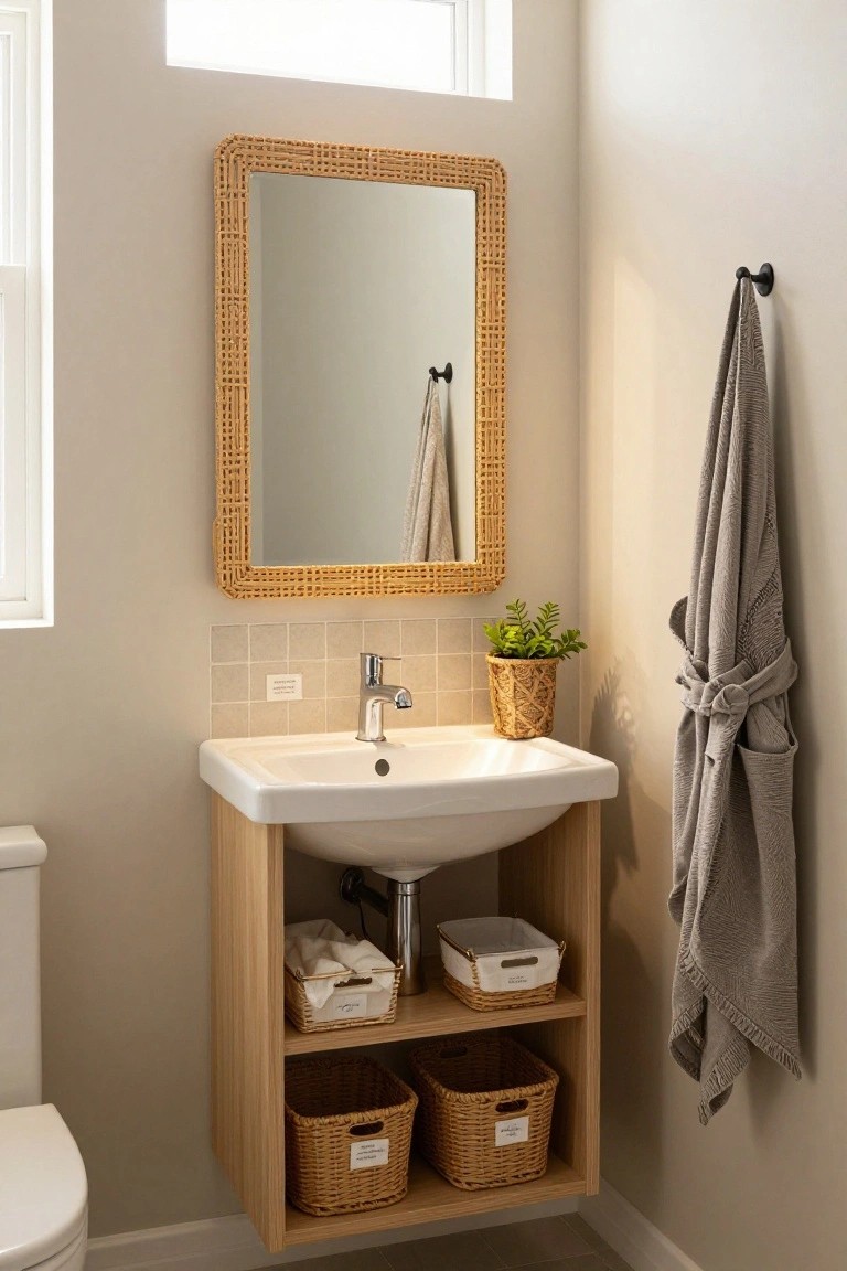 Small bathroom with floating wooden vanity and white sink, two shelves holding white and woven baskets, rattan-framed mirror above, potted plant nearby, gray towel on hook, and white toilet to the left.