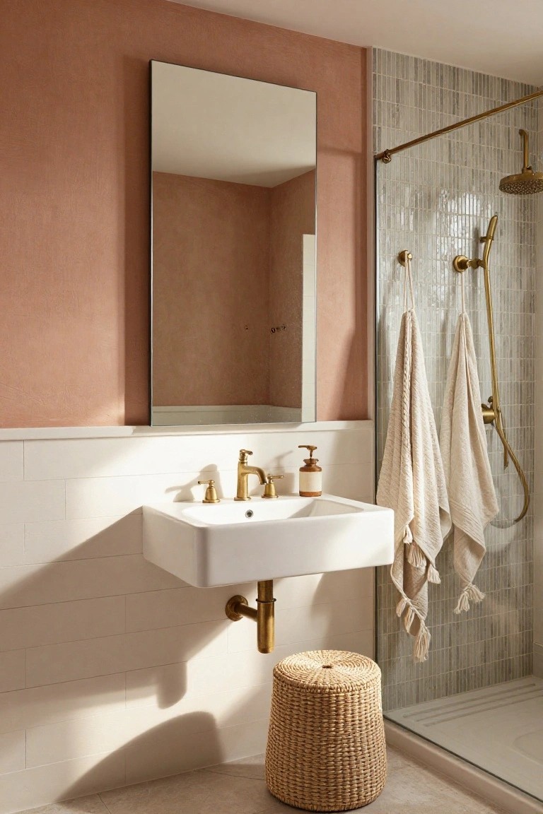 Small modern bathroom with terracotta pink plaster walls, tall frameless mirror above wall-mounted white sink with brass faucet, woven rattan stool underneath, glass shower enclosure with gold fixtures and hanging white towels.