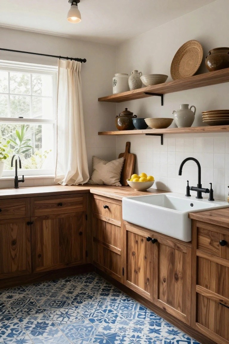 Corner view of a kitchen with warm brown wooden cabinets and open shelves displaying pottery, woven baskets, and dishes, a white farmhouse sink under a black gooseneck faucet, a wooden cutting board and bowl of lemons on the counter, white subway tile backsplash, and blue patterned tile floor.