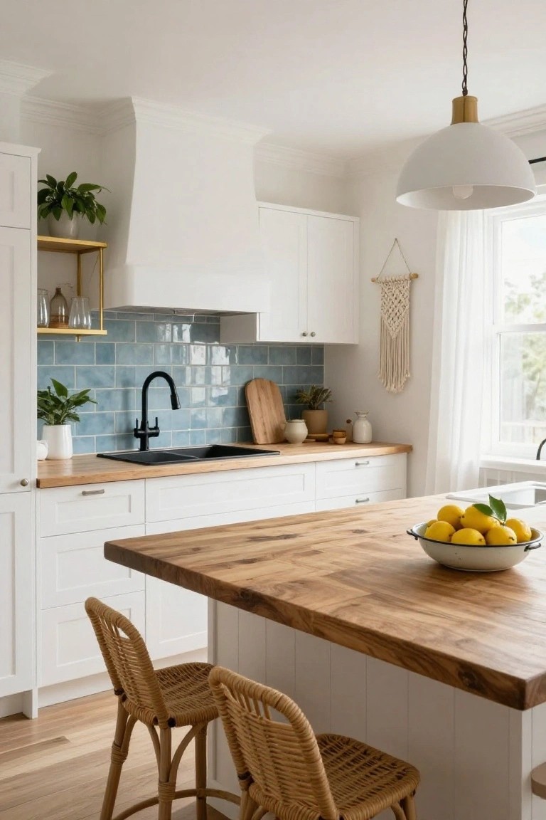 Kitchen interior with white shaker-style cabinets, blue subway tile backsplash behind black faucet and sink, light wood butcher block island countertop holding bowl of lemons, rattan barstools, potted plants, and wooden cutting board.
