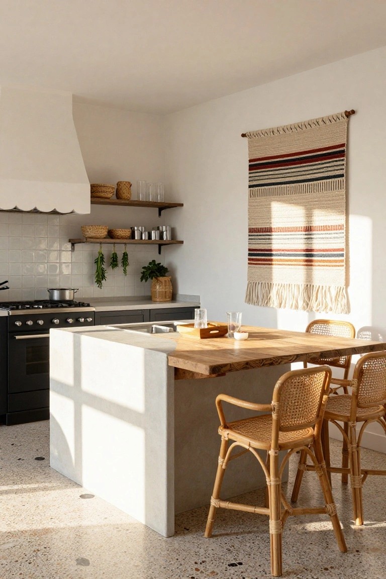 A modern kitchen with a central white concrete island topped by a live-edge wooden surface, rattan barstools, black range cooker, woven wall hanging, hanging herbs, and plants on open shelves.