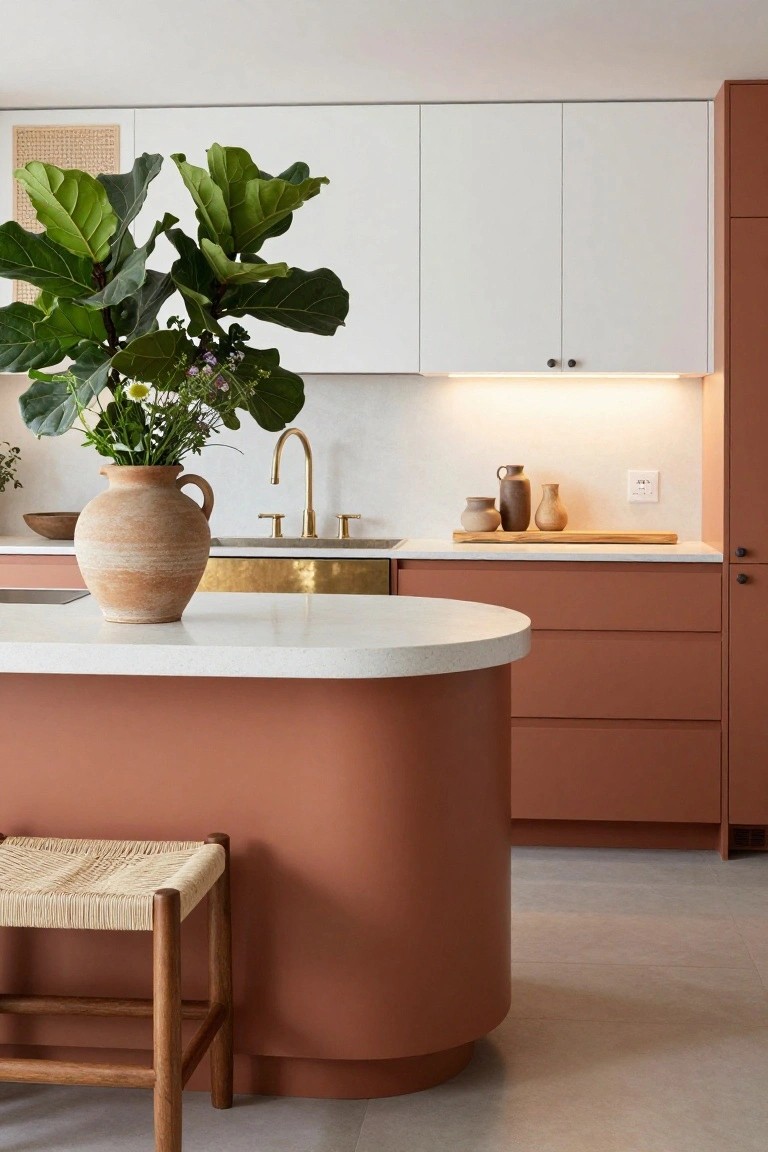 Modern kitchen with curved terracotta lower cabinets and island, white upper cabinets, gold faucet and sink, terracotta vase with flowers on white countertop, rattan stool, and potted plants.