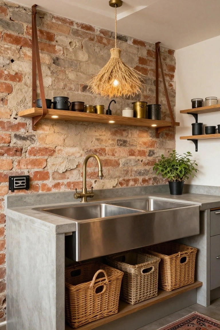 Kitchen interior showing exposed red brick wall with leather-strapped wooden shelves holding pottery and metal containers, brass faucet over stainless steel double sink in concrete island base, rattan baskets in lower storage, and potted plant nearby.