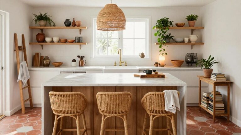 22 Stylish Modern Boho Kitchen Decor Ideas with a Lived In Feel A bright kitchen with white cabinets, marble-topped wooden island, rattan bar stools, open wood shelves holding pottery and plants, white subway tile backsplash, gold faucets, and red hexagonal terracotta floor tiles.