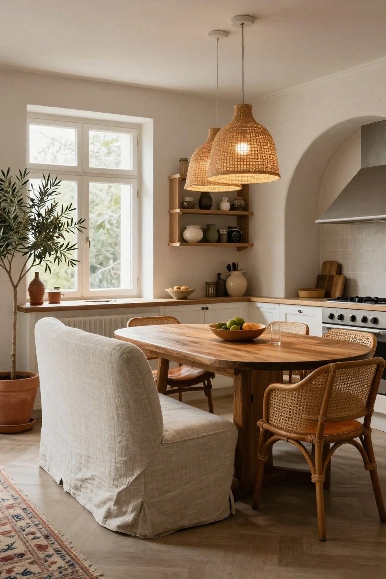 White modern kitchen with arched niche, rattan pendant lights, wooden oval dining table, white linen slipcovered bench, rattan armchairs, potted olive tree, fruit bowl, and white cabinets.