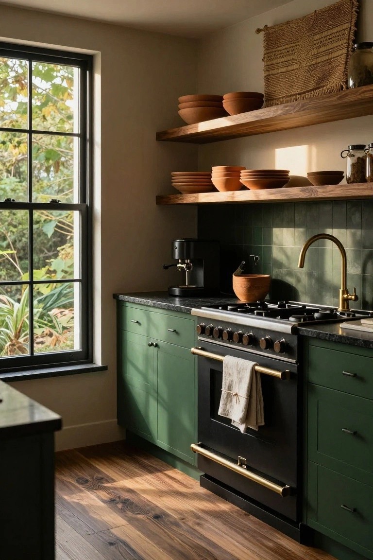 Kitchen interior with deep green lower cabinets, black range cooker with brass handles and gold faucet, open floating wooden shelves holding stacked terracotta pottery and jars, green tiled backsplash, and large black-framed window showing outdoor plants.
