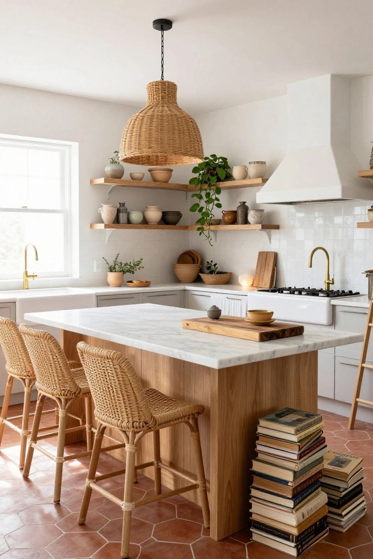 A bright kitchen with white cabinets, marble-topped wooden island, rattan bar stools, open wood shelves holding pottery and plants, white subway tile backsplash, gold faucets, and red hexagonal terracotta floor tiles.
