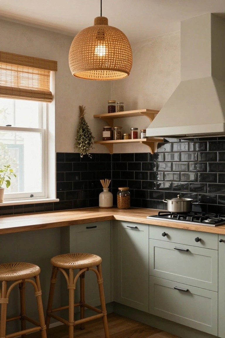 Corner view of a kitchen with sage green cabinets, light wood countertop, black subway tile backsplash, gas cooktop with pot on stove, rattan pendant light overhead, two rattan bar stools, open wooden shelves with jars and dried herbs, bamboo window blinds, and potted plant on sill.