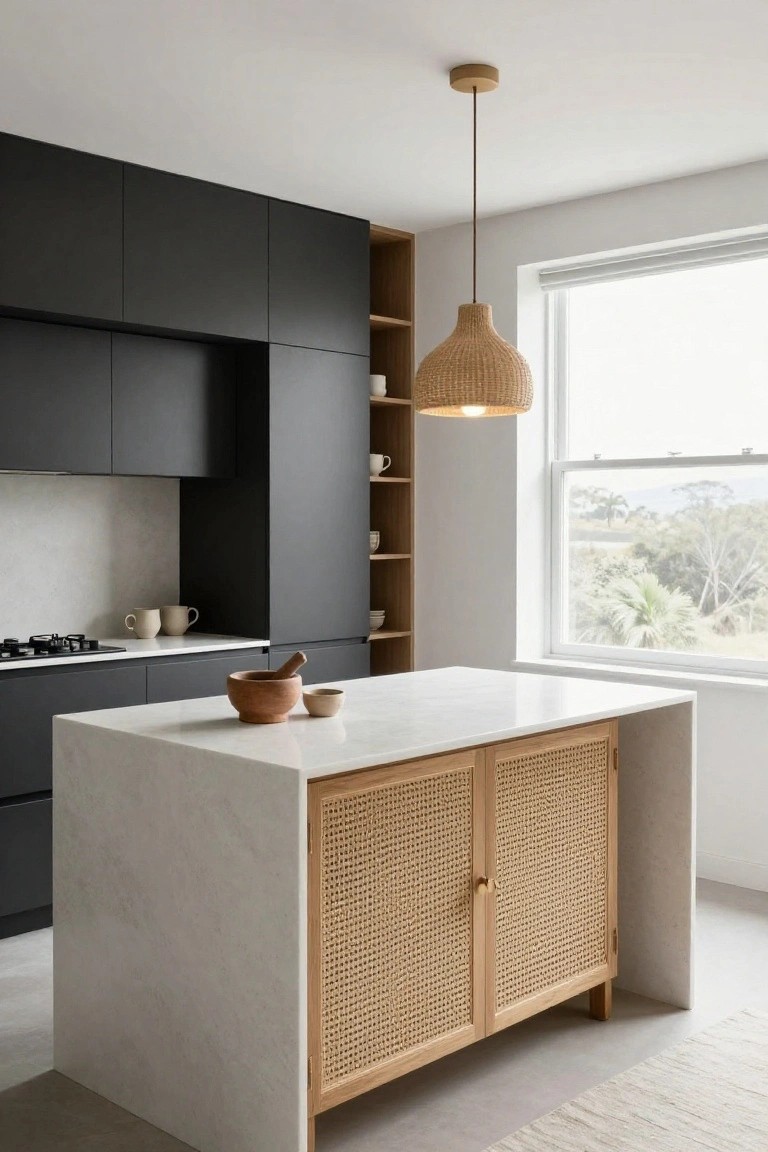 Modern kitchen with black matte cabinets on one wall, central white marble island topped with pottery and featuring rattan doors on lower cabinets, woven pendant light hanging above, and window with view of trees and hills.