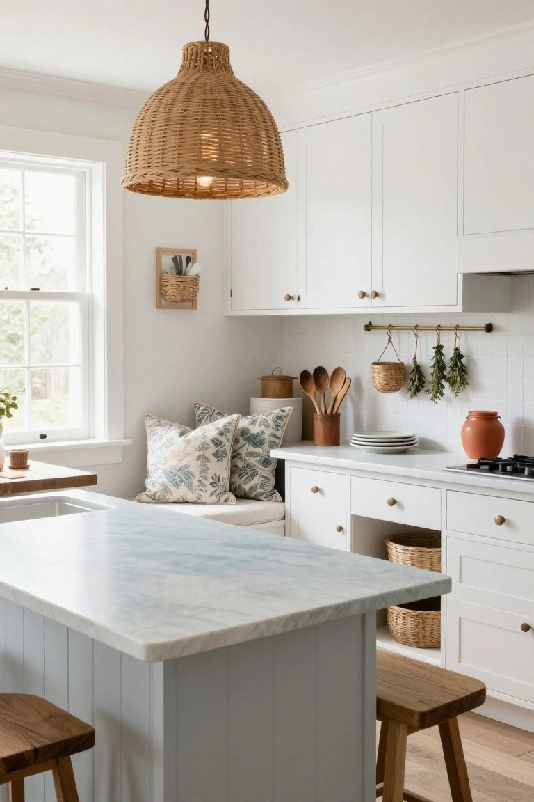 White kitchen interior with woven rattan pendant light hanging over marble-topped island, wooden bar stools, white cabinets, hanging utensils and herbs, and window light.