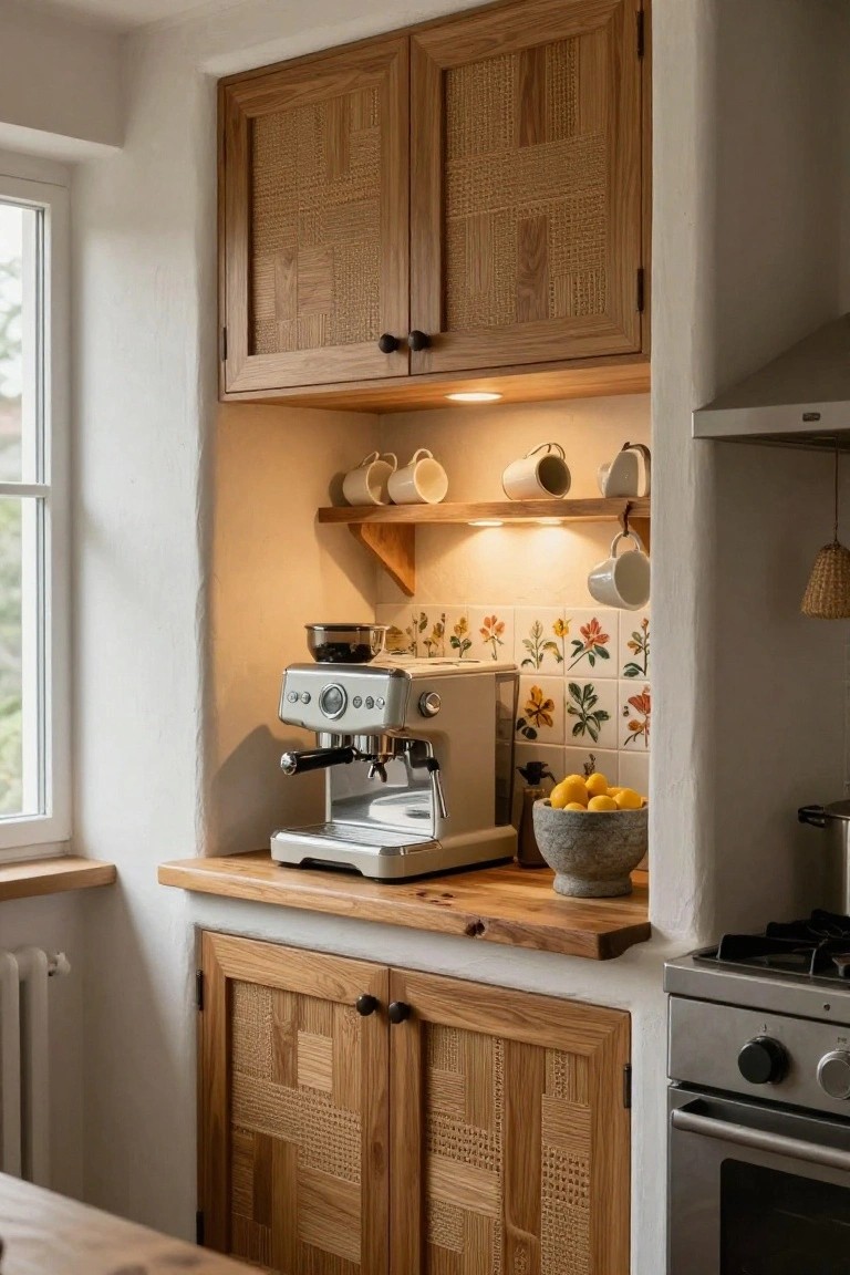 Kitchen nook with upper and lower oak cabinets featuring rattan weave panels, silver espresso machine on wooden counter, colorful floral tile backsplash, hanging mugs, stone bowl of lemons, and gas stove oven beside white walls and window.
