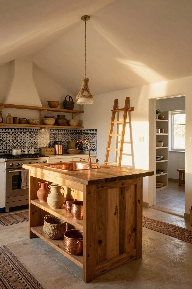 A sunlit rustic kitchen with a central wooden island featuring a copper sink and open lower shelves holding terracotta pots, copper vessels, and woven baskets, plus a leaning wooden ladder nearby.