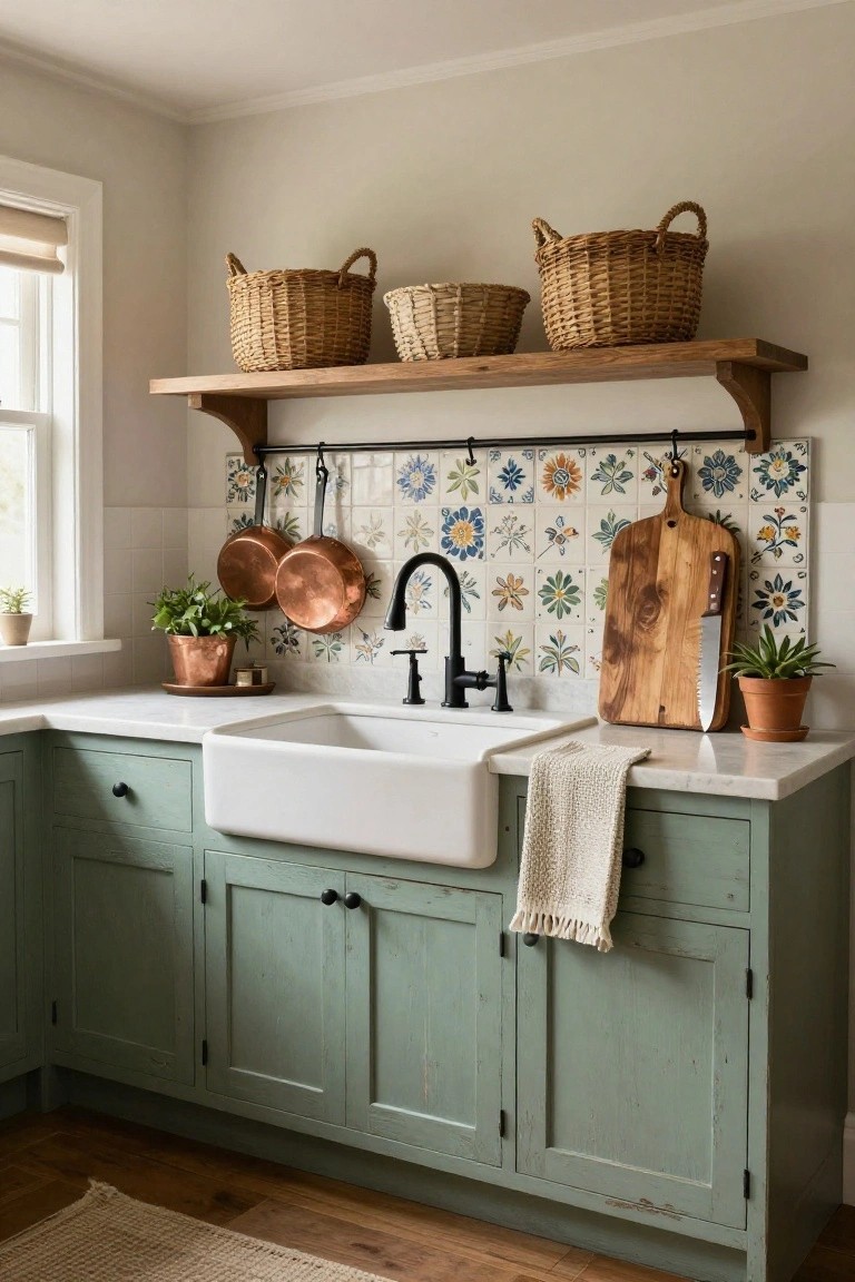 Corner kitchen view showing sage green cabinets under a white farmhouse sink with black faucet, colorful floral-patterned tile backsplash, hanging copper pots on a rail, wooden cutting board with knife, wicker baskets on wooden shelf above, and potted plants.