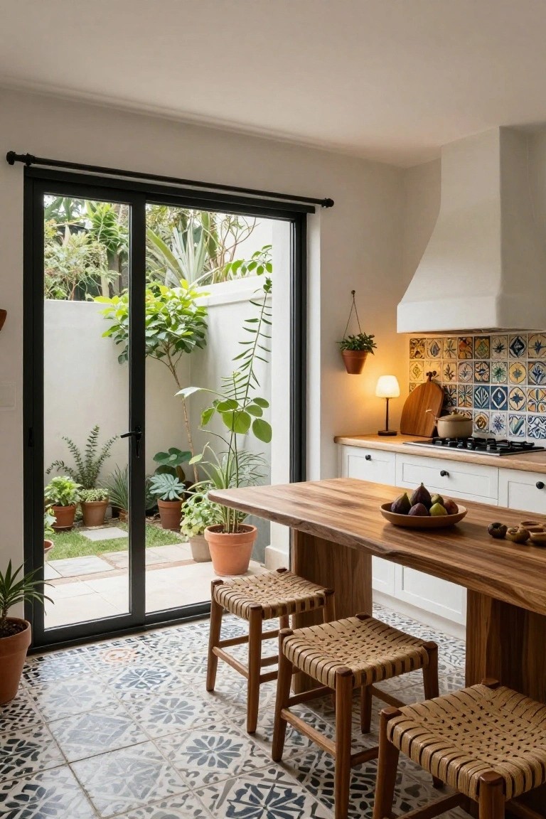 Modern kitchen interior with white cabinets, wooden dining table, rattan stools, colorful tiled backsplash and floor, and large black sliding glass doors opening to plant-filled courtyard garden.