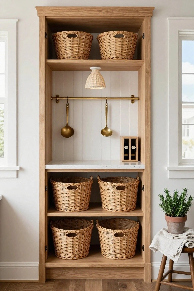 Tall freestanding oak shelving cabinet with open sides in a white paneled room, holding wicker baskets on multiple shelves, brass utensils hanging from a gold rail above a quartz countertop with wood wine box, rattan pendant light overhead, potted rosemary plant and wooden stool at base, window and wood floor nearby.