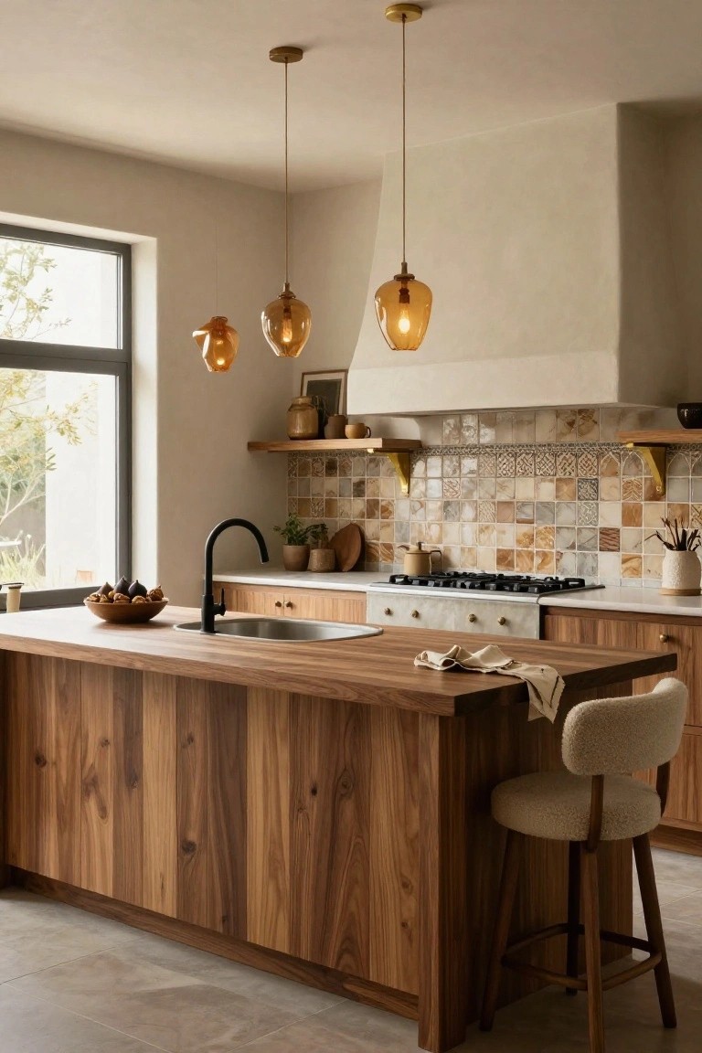 Modern kitchen interior with large walnut wood island topped by a sink and faucet, cream cabinets, colorful terracotta tile backsplash, amber glass pendant lights, wooden shelves, and a window showing greenery outside.