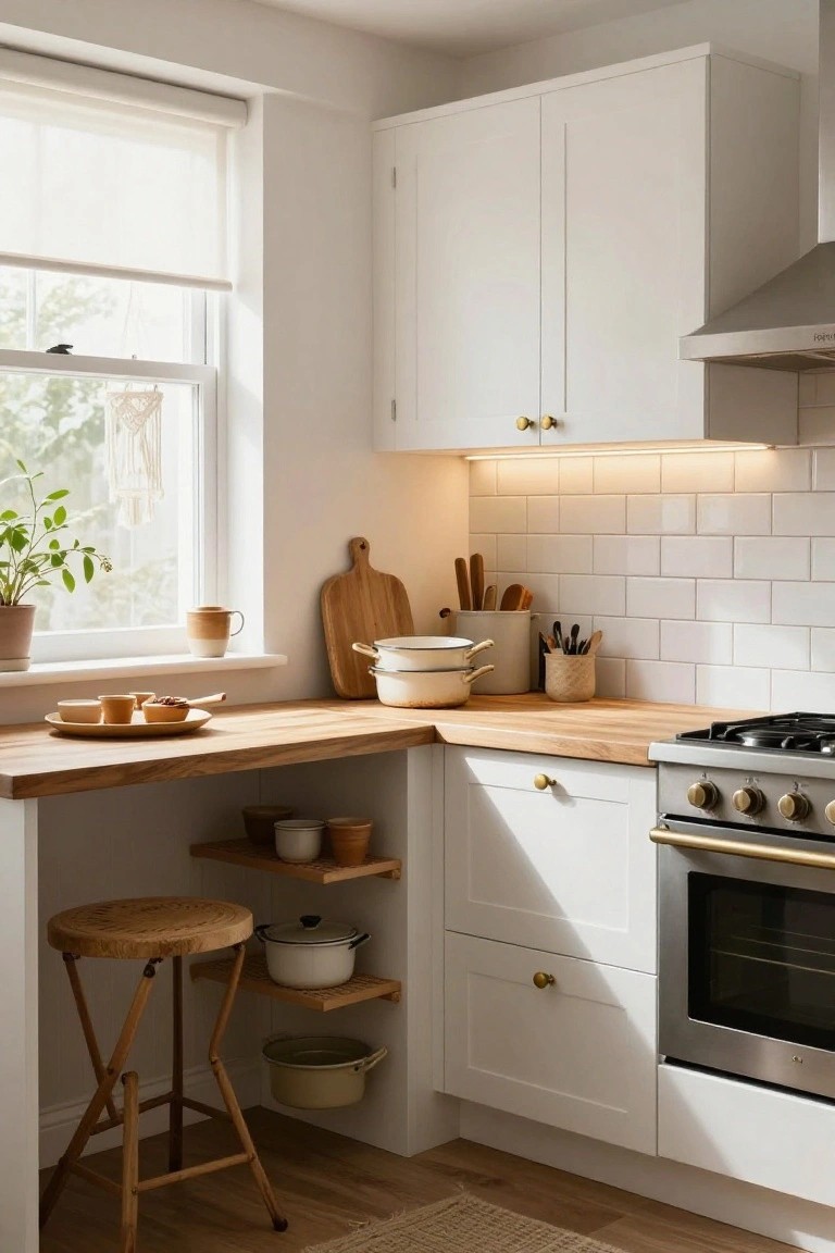 Corner kitchen with white shaker cabinets, light wood countertops, brass hardware on drawers and stove, open shelves holding white and green pots, wooden stool, and potted plant near window with sheer blind.