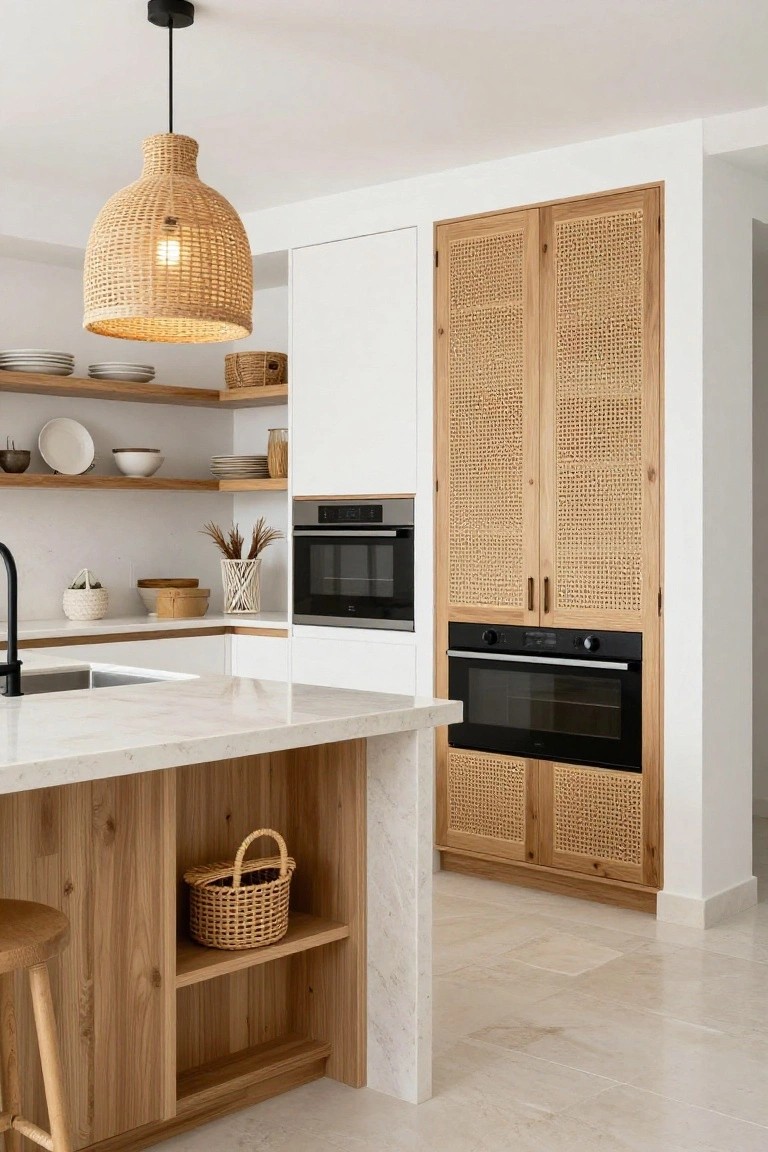 Modern kitchen interior with white flat-panel cabinets featuring rattan-woven doors on a tall wall unit enclosing black ovens, a white marble island with wooden base and rattan basket, black faucet sink, open wooden shelves with dishes, and a large woven rattan pendant light overhead.