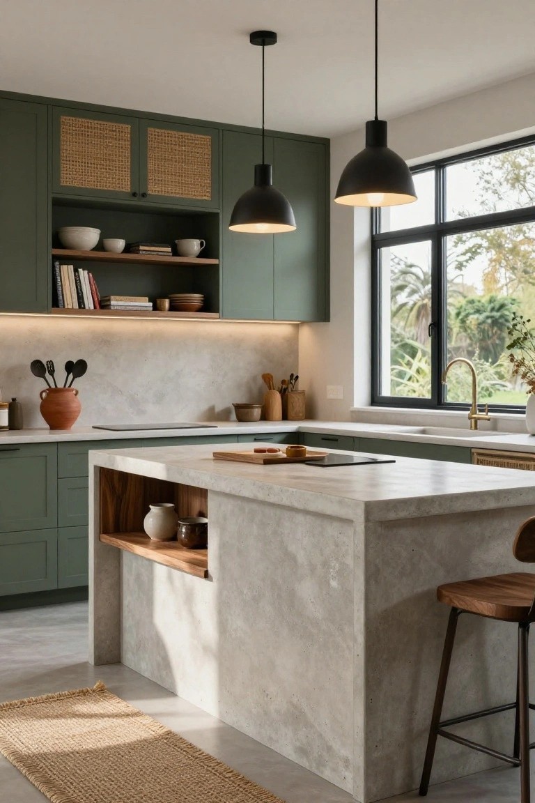 Kitchen with sage green cabinets including rattan weave panels on upper doors, concrete island with wood accents and stool, open shelves holding pottery and books, and large windows to greenery.