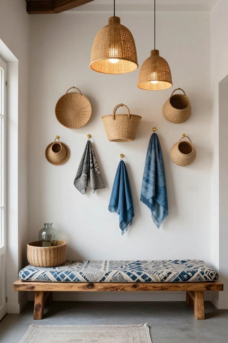 White entryway wall with assorted woven baskets and blue and black scarves hanging from gold hooks, rattan pendant lights overhead, wooden bench with blue patterned cushion below, glass vase and basket on floor.