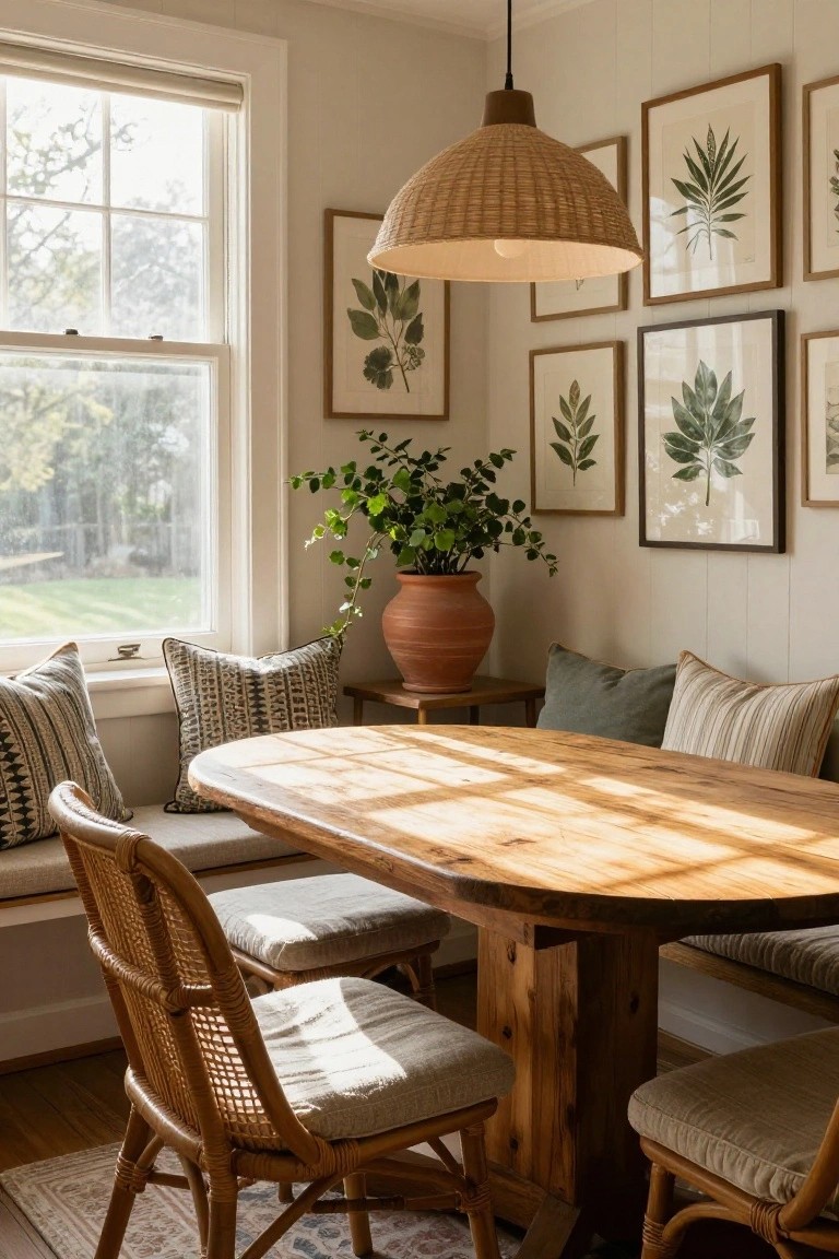 Sunlit interior dining nook with built-in beige banquette seating along a window, oval natural wood table, rattan chairs with beige cushions, green and patterned pillows, large terracotta potted plant, and framed botanical prints on white paneled walls.