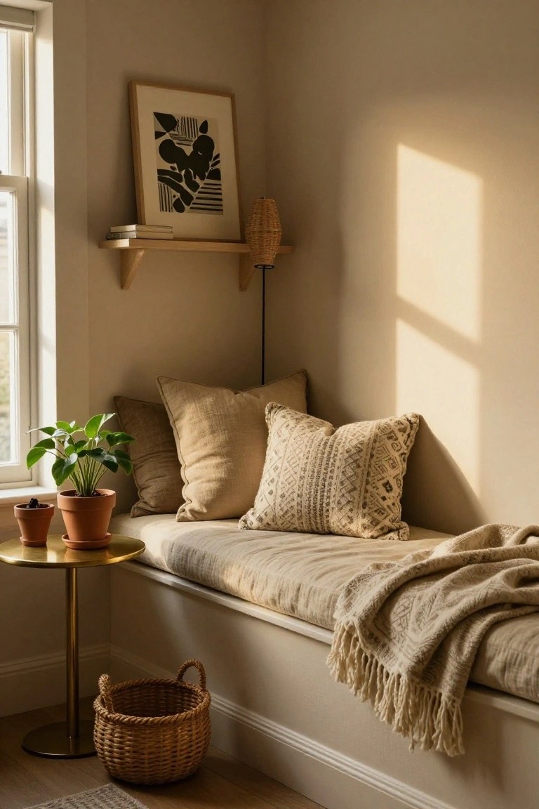 Beige built-in window bench with layered neutral pillows and throw blanket, potted plants on gold side table, woven basket on floor, rattan lamp on shelf with books and abstract art in light neutral room corner.